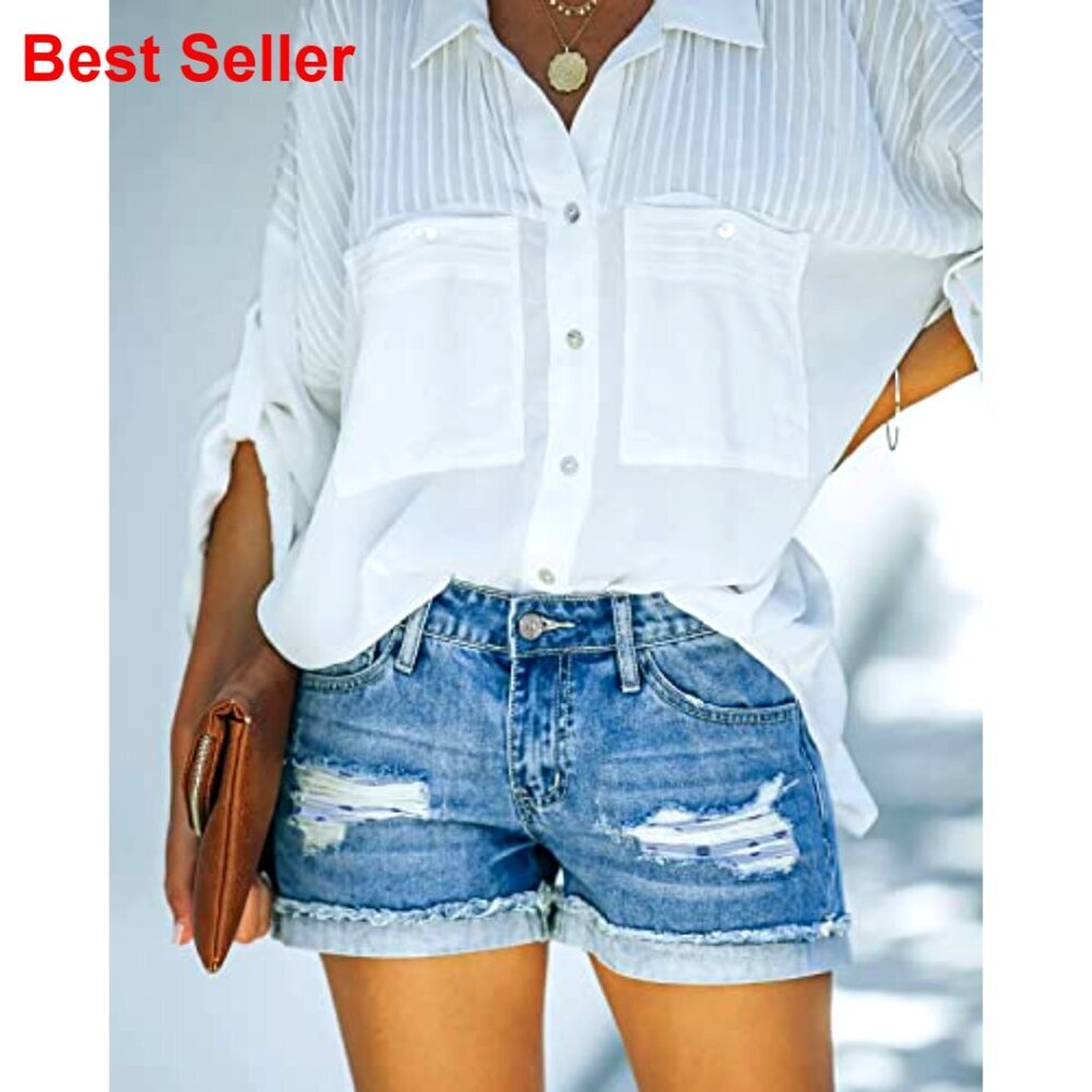 Stretch Denim Jean Shorts with Button Pockets for Summer - Picture 4 of 7